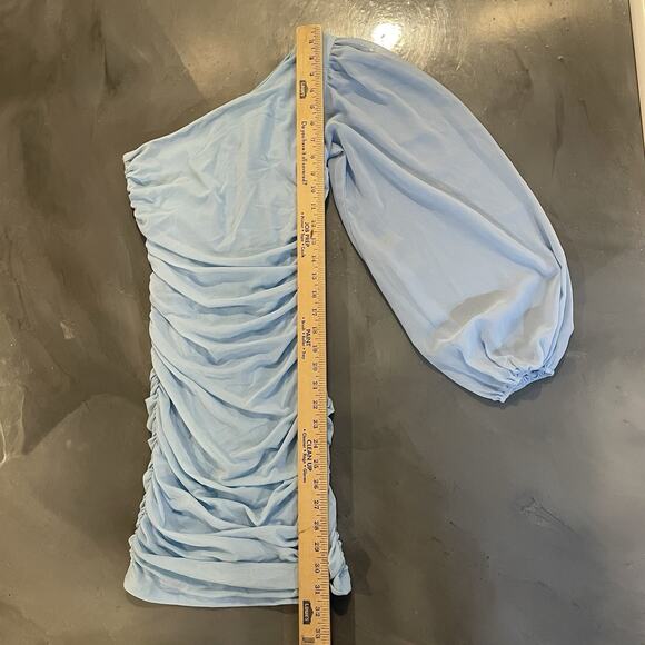 Hello Molly Blue Runched Dress Size 4 One Shoulder Balloon Sleeve Dress Mini - Picture 3 of 8